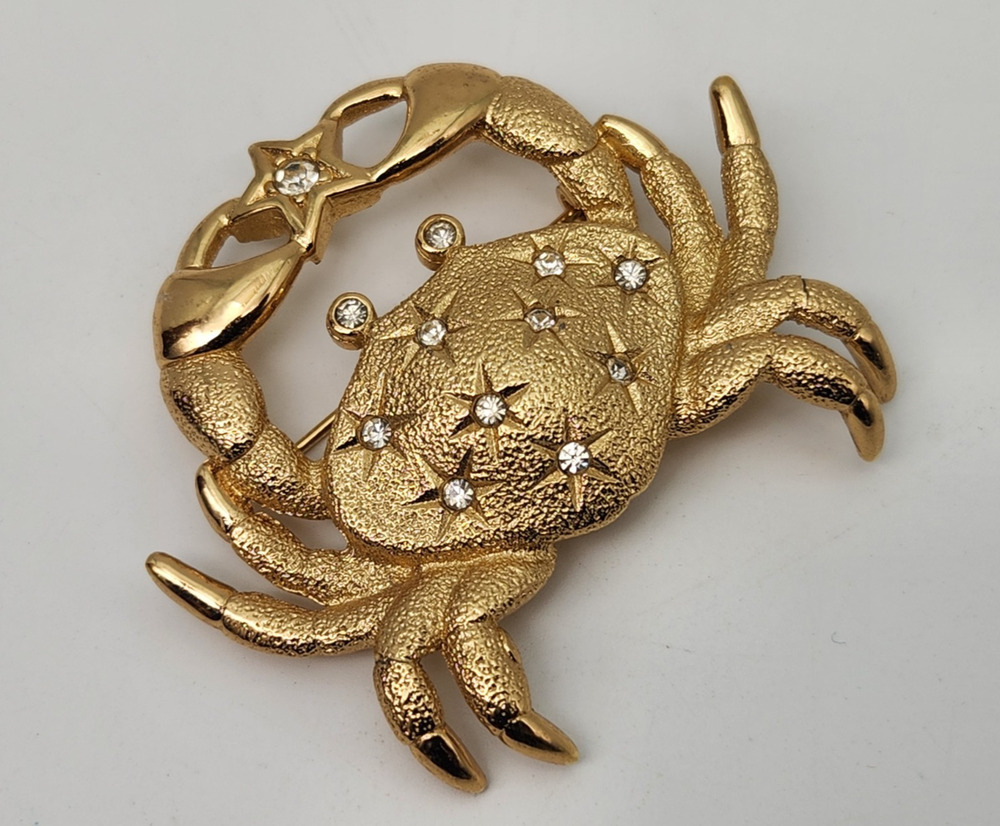 Rare VTG Christian Dior Gold Brooch Zodiac Cancer Sign White Crystals